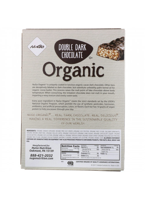 NuGo Nutrition, Organic Protein Bars, Double Dark Chocolate, 12 Bars, 1.76 oz (50 g) Each