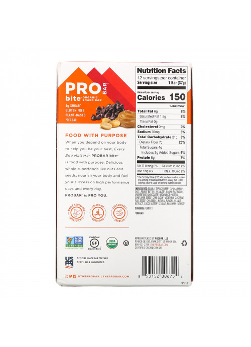 ProBar, Bite, Organic Snack Bar, Peanut Butter Chocolate Chip , 12 Bars, 1.3 oz (37 g) Each