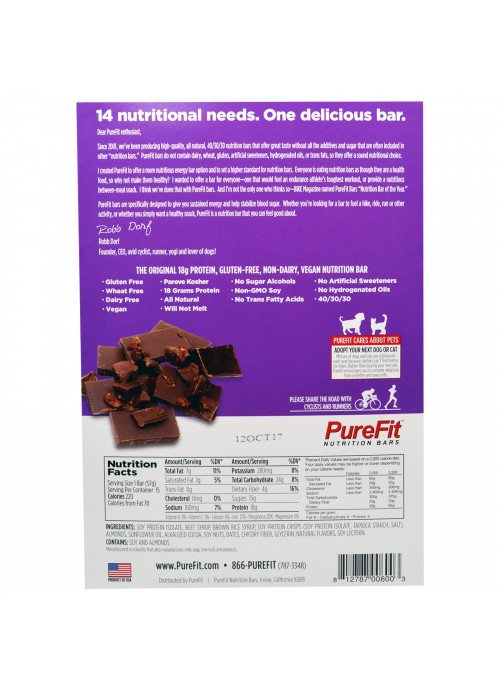 PureFit Bars, Premium Nutrition Bars, Chocolate Brownie, 15 Bars, 2 oz (57 g) Each