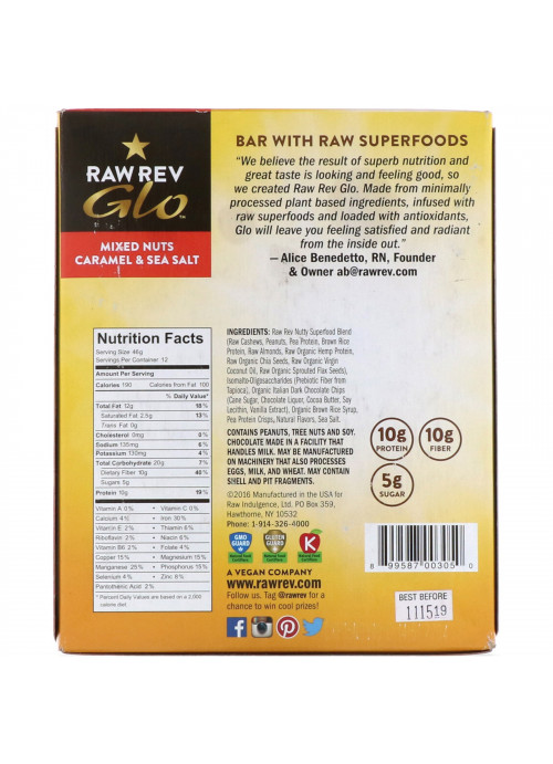 Raw Rev, Glo, Mixed Nuts Caramel & Sea Salt, 12 Bars, 1.6 oz (46 g) Each
