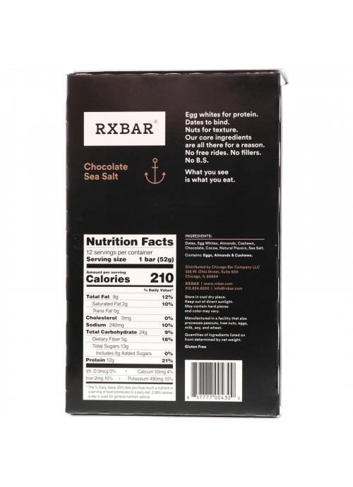 RXBAR, Protein Bar, Chocolate Sea Salt, 12 Bars, 1.83 oz (52 g) Each