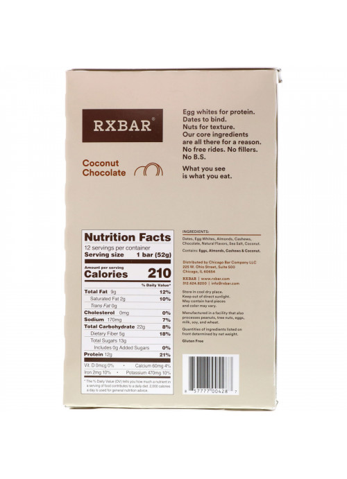 RXBAR, Protein Bar, Coconut Chocolate, 12 Bars, 1.83 oz (52 g) Each