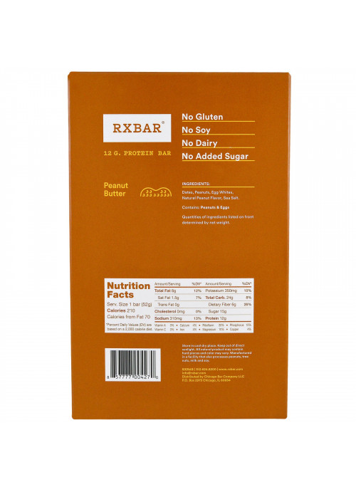 RXBAR, Protein Bar, Peanut Butter, 12 Bars, 1.83 oz (52 g) Each