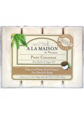 A La Maison de Provence, Hand & Body Bar Soap, Pure Coconut, 4 Bars, 3.5 oz Each