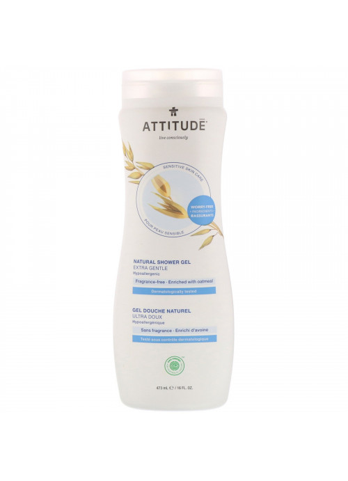 ATTITUDE, Natural Shower Gel, Extra Gentle, Fragrance-Free, 16 fl oz (473 ml)