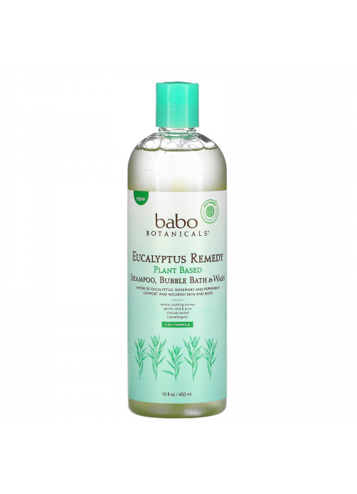 Babo Botanicals, Plant Based 3-In-1 Shampoo, Bubble Bath & Wash, Eucalyptus Remedy, 15 fl oz (450 ml)