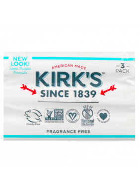 Kirk's, 100% Premium Coconut Oil Gentle Castile Soap, Fragrance Free, 3 Bars, 4 oz (113 g) Each