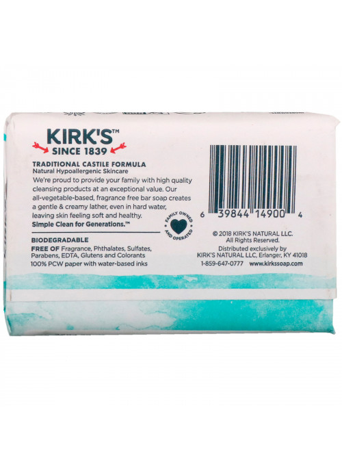 Kirk's, 100% Premium Coconut Oil Gentle Castile Soap, Fragrance Free,  4 oz (113 g)
