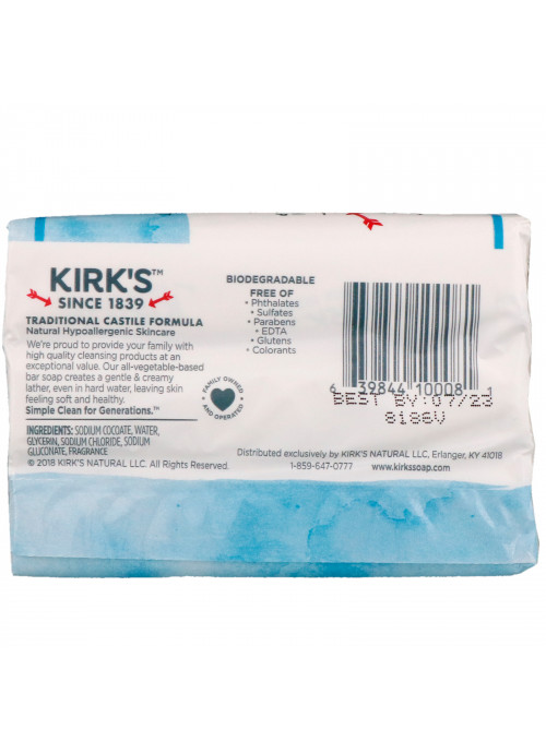 Kirk's, 100% Premium Coconut Oil Gentle Castile Soap, Original Fresh Scent, 3 Bars, 4 oz (113 g) Each