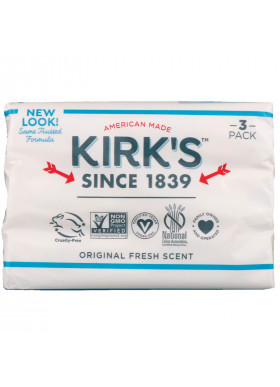 Kirk's, 100% Premium Coconut Oil Gentle Castile Soap, Original Fresh Scent, 3 Bars, 4 oz (113 g) Each