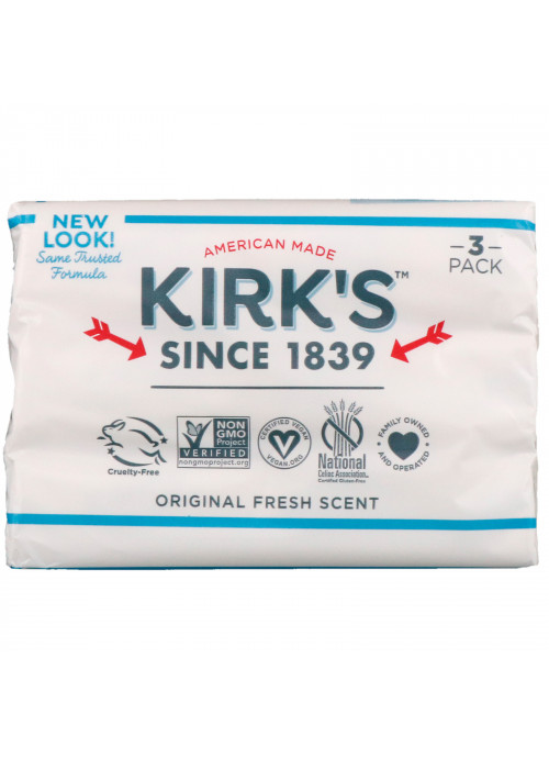Kirk's, 100% Premium Coconut Oil Gentle Castile Soap, Original Fresh Scent, 3 Bars, 4 oz (113 g) Each