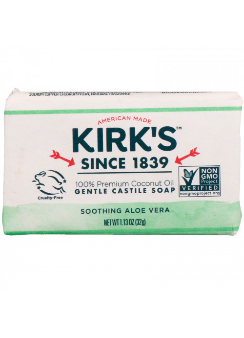 Kirk's, 100% Premium Coconut Oil Gentle Castile Soap, Soothing Aloe Vera, 1.13 oz (32 g)