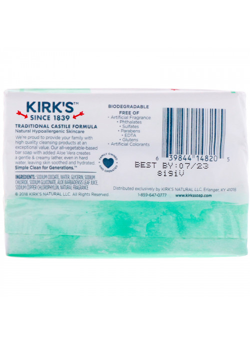 Kirk's, 100% Premium Coconut Oil Gentle Castile Soap, Soothing Aloe Vera, 3 Bars, 4 oz (113 g) Each