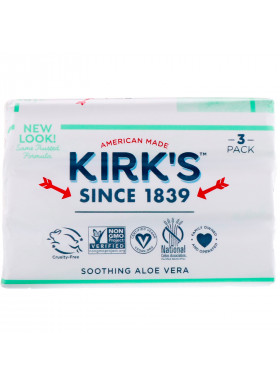 Kirk's, 100% Premium Coconut Oil Gentle Castile Soap, Soothing Aloe Vera, 3 Bars, 4 oz (113 g) Each