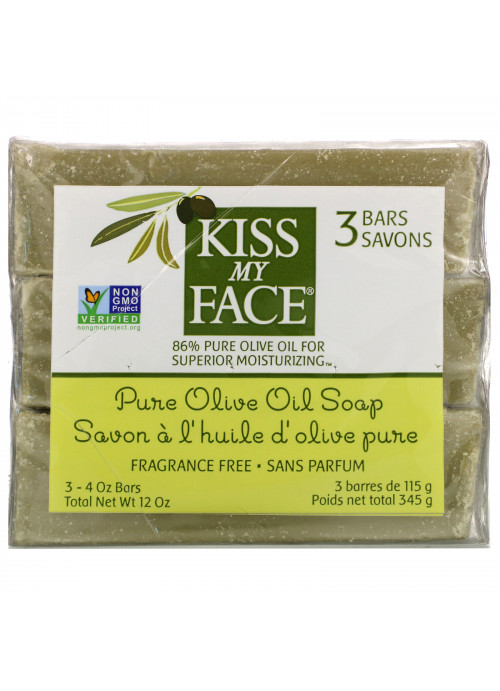 Kiss My Face, Pure Olive Oil Soap, Fragrance Free, 3 Bars, 4 oz (115 g) Each
