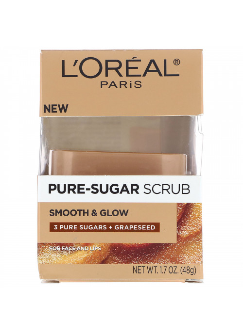 L'Oreal, Pure-Sugar Scrub, Smooth & Glow, 3 Pure Sugars + Grapeseed, 1.7 oz (48 g)