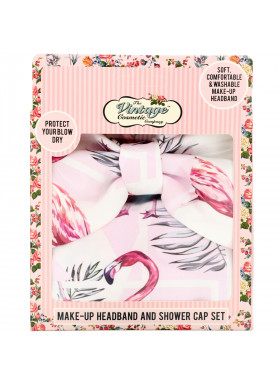 The Vintage Cosmetic Co., Make-Up Headband and Shower Cap Set, Pink Flamingo, 1 Set