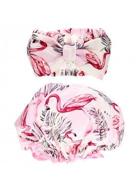 The Vintage Cosmetic Co., Make-Up Headband and Shower Cap Set, Pink Flamingo, 1 Set