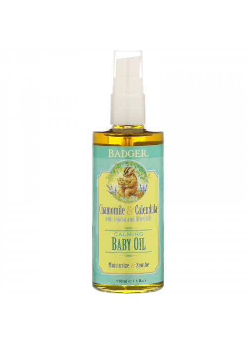 Badger Company, Calming Baby Oil, Chamomile & Calendula with Olive and Jojoba Oils, 4 fl oz (118 ml)