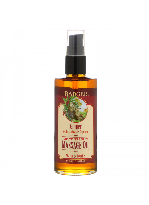 Badger Company, Deep Tissue Massage Oil, Ginger with Arnica & Cayenne, 4 fl oz (118 ml)