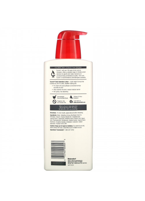 Eucerin, Daily Hydration Lotion, Fragrance Free, 16.9 fl oz (500 ml)