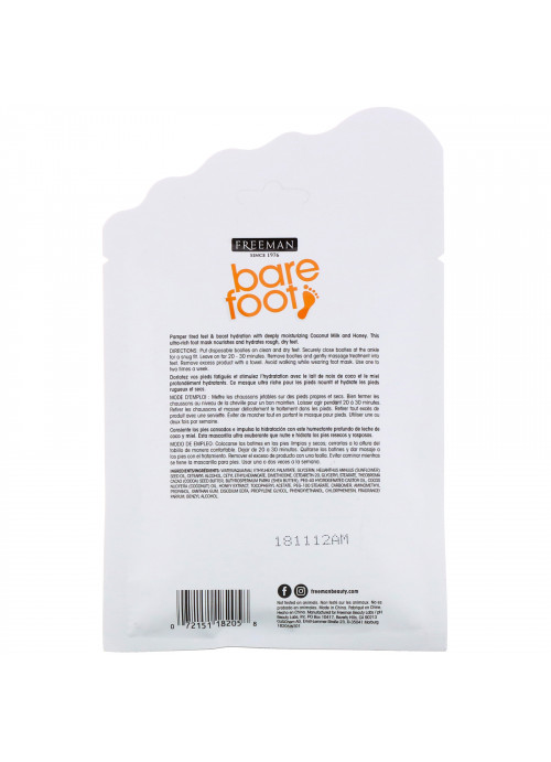 Freeman Beauty, Bare Foot, Intensive Hydrating, Foot Mask with Disposable Booties, Coconut Milk & Honey, 1 Single Use Pair