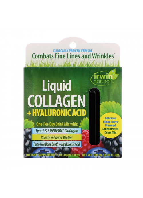 Irwin Naturals, Liquid Collagen + Hyaluronic Acid, Mixed Berry, 10 Liquid-Tubes, 10 ml Each
