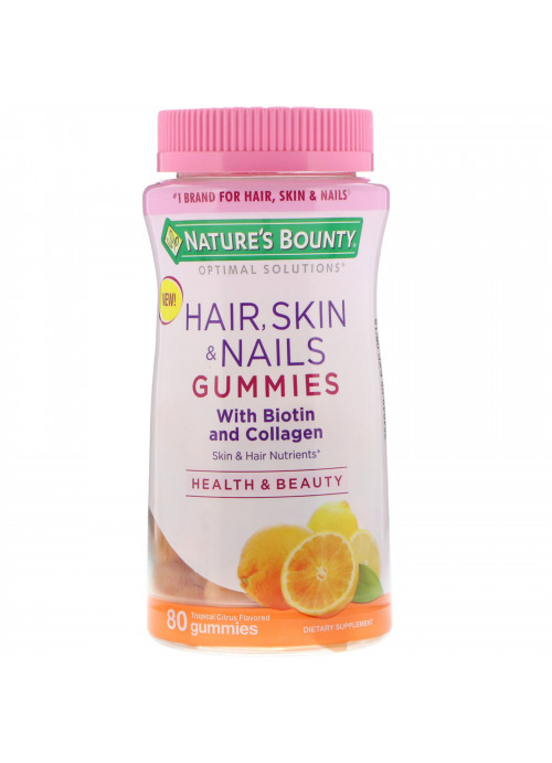 Nature's Bounty, Optimal Solutions, Hair, Skin, & Nails with Biotin and Collagen, Tropical Citrus Flavored, 80 Gummies