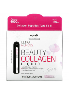Vplab, Ultra Women's Beauty Collagen Liquid, Tropical Fruits, Strawberry & Kiwi , 4,000 mg, 10 Liquid Tubes