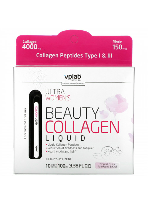Vplab, Ultra Women's Beauty Collagen Liquid, Tropical Fruits, Strawberry & Kiwi , 4,000 mg, 10 Liquid Tubes