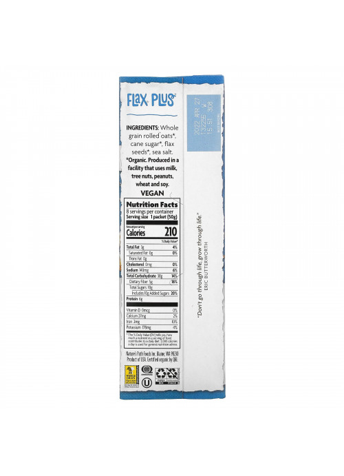 Nature's Path, Flax Plus, Instant Oatmeal, 8 Packets, 50 g Each