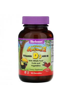 Bluebonnet Nutrition, Rainforest Animalz, Vitamin D3, Natural Mixed Berry Flavor, 400 IU, 90 Chewable Tablets