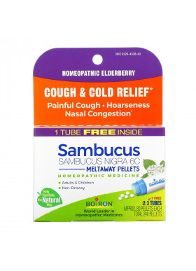 Boiron, Sambucus, Cough & Cold Relief, Meltaway Pellets, 6C, 3 Tubes, Approx. 80 Pellets Each