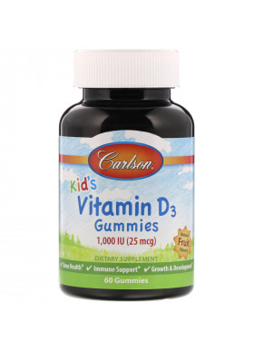 Carlson Labs, Kid's, Vitamin D3 Gummies, Natural Fruit Flavors, 25 mcg (1,000 IU), 60 Gummies