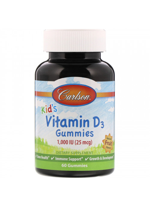 Carlson Labs, Kid's, Vitamin D3 Gummies, Natural Fruit Flavors, 25 mcg (1,000 IU), 60 Gummies