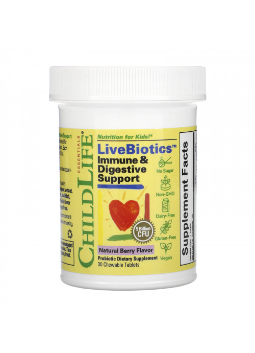 ChildLife, LiveBiotics, Immune & Digestive Support, Natural Berry Flavor, 5 Billion CFU, 30 Chewable Tablets