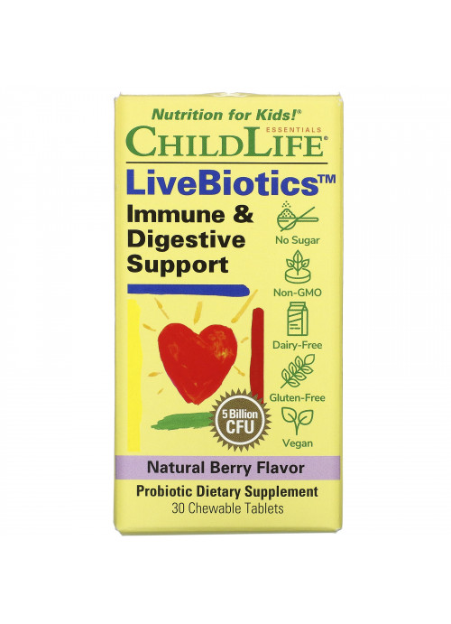 ChildLife, LiveBiotics, Immune & Digestive Support, Natural Berry Flavor, 5 Billion CFU, 30 Chewable Tablets