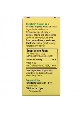 ChildLife, Organic Vitamin D3 Drops, Natural Berry Flavor, 400 IU, 0.338 fl oz (10 ml)