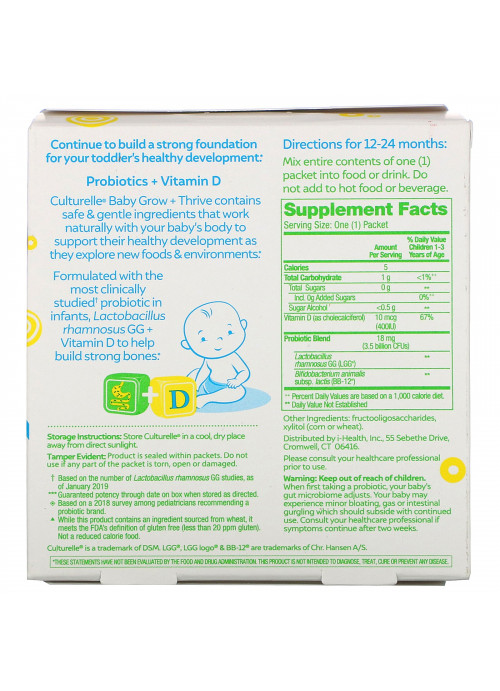 Culturelle, Probiotics, Baby, Grow + Thrive, Probiotics + Vitamin D Packets, 12-24 Months, Unflavored, 30 Single Serve Packets