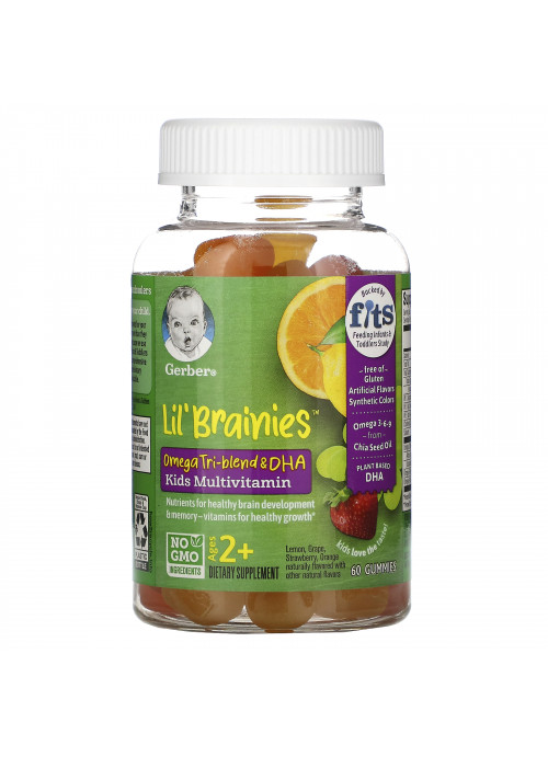 Gerber, Lil Brainies, Omega Tri-Blend & DHA, Kids Multivitamin, Ages 2+, 60 Gummies