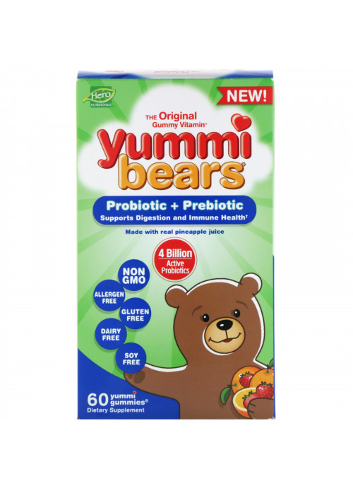 Hero Nutritional Products, Yummi Bears, Probiotic + Prebiotic, Natural Strawberry and Orange Flavors, 60 Yummi Gummies