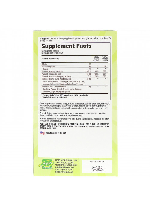 Hero Nutritional Products, Yummi Bears, Wholefood Fruit + Veggie, 90 Yummi Bears