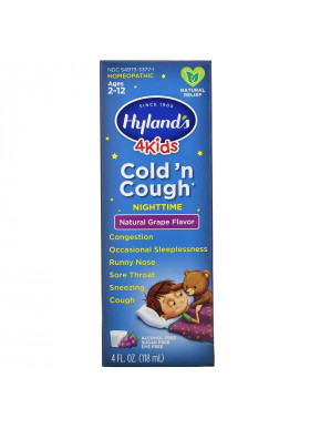 Hyland's, 4 Kids, Cold 'n Cough Nighttime, Ages 2-12, Natural Grape Flavor, 4 fl oz (118 ml)