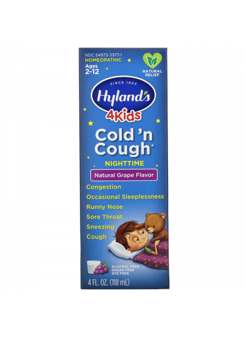 Hyland's, 4 Kids, Cold 'n Cough Nighttime, Ages 2-12, Natural Grape Flavor, 4 fl oz (118 ml)