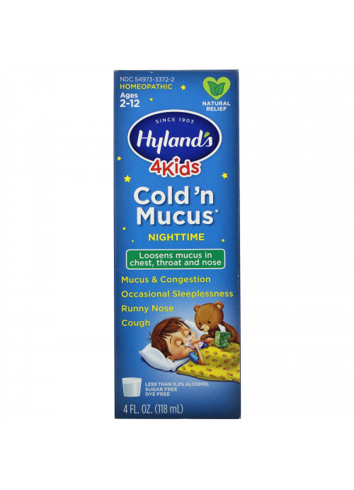 Hyland's, 4 Kids, Cold 'n Mucus Nighttime, Ages 2-12, 4 fl oz (118 ml)