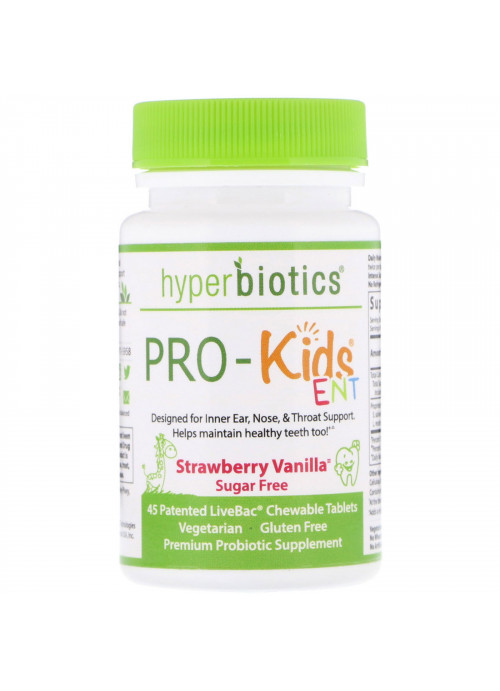 Hyperbiotics, PRO-Kids ENT, Sugar Free, Strawberry Vanilla, 45 Patented LiveBac Chewable Tablets