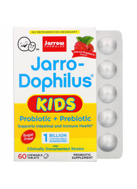 Jarrow Formulas, Jarro-Dophilus Kids, Probiotic + Prebiotic, Sugar Free, Natural Raspberry Flavor, 1 Billion Live Bacteria, 60 Chewable Tablets