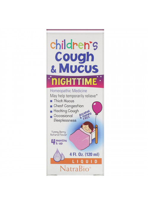 NatraBio, Children's Cough & Mucus, NightTime, Alcohol Free, Yummy Berry Natural Flavor, 4 Months and Up, 4 fl oz (120 ml)