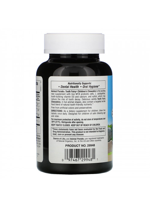Nature's Plus, Source of Life, Animal Parade, Children's Chewable Tooth Fairy Probiotic with M18 Probiotics, Natural Vanilla Flavor, 90 Animal-Shaped Tablets