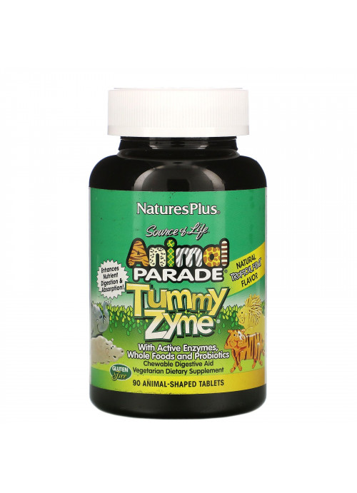 Nature's Plus, Source of Life, Animal Parade, Tummy Zyme with Active Enzymes, Whole Foods and Probiotics, Natural Tropical Fruit Flavor, 90 Animal-Shaped Tablets